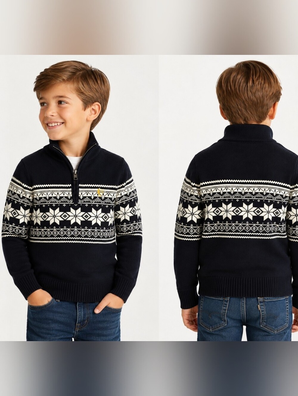Polo Ralph Lauren Children's Fair Isle Double Knit  1/4 Zip Pullover Black Sz 7